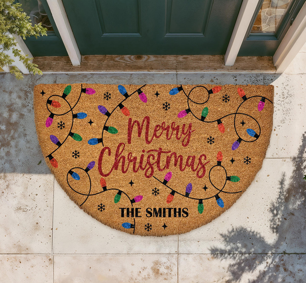 Custom Merry Christmas Doormat, Festive Lights Welcome Mat, Family Name Entrance Decor