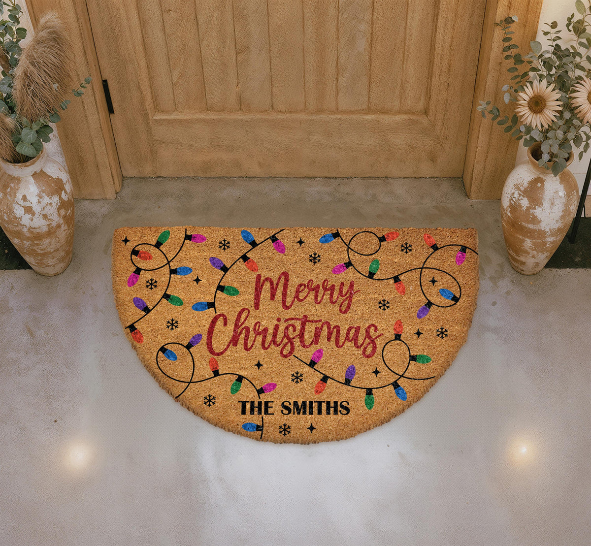 Custom Merry Christmas Doormat, Festive Lights Welcome Mat, Family Name Entrance Decor