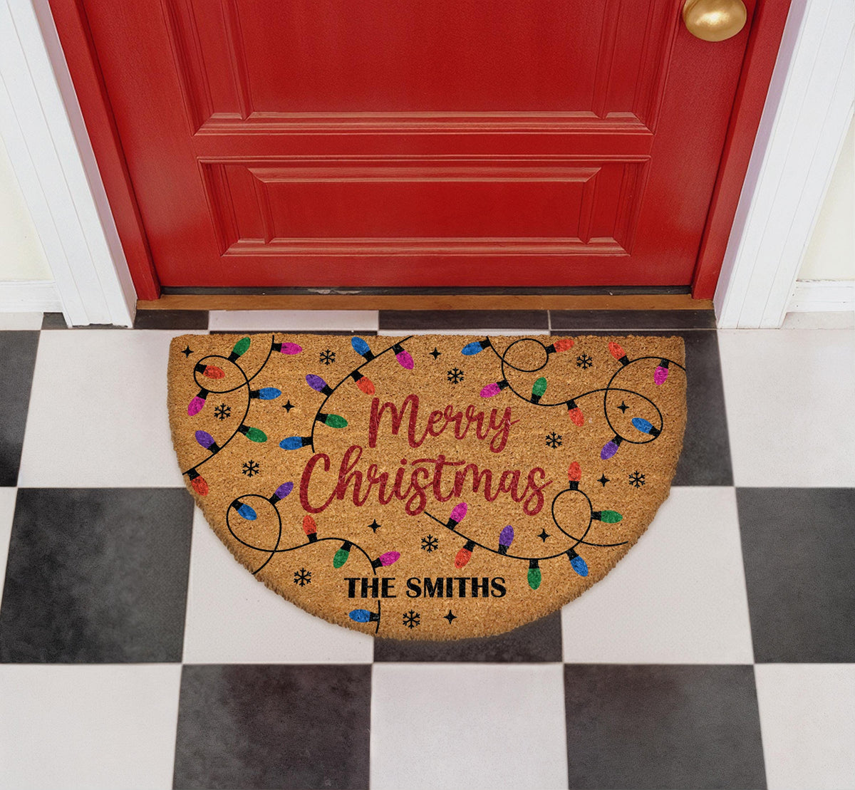 Custom Merry Christmas Doormat, Festive Lights Welcome Mat, Family Name Entrance Decor