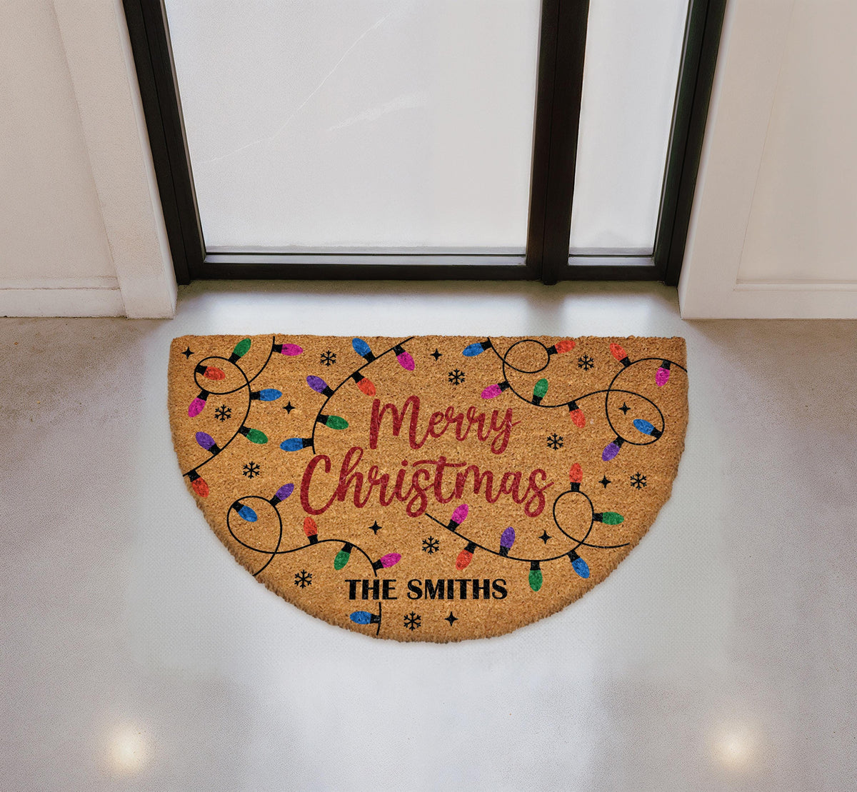 Custom Merry Christmas Doormat, Festive Lights Welcome Mat, Family Name Entrance Decor
