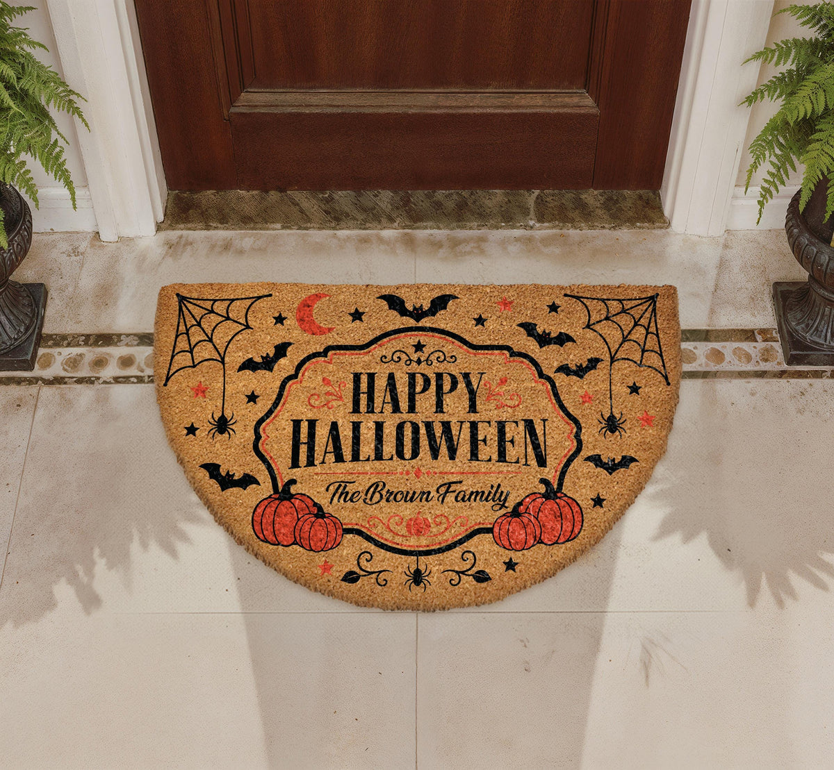 Personalized Halloween Doormat, Custom Family Name Spooky Welcome Mat, Pumpkin Bat Decor