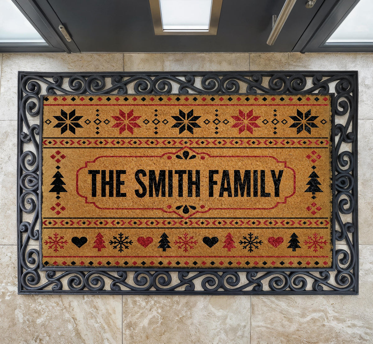 Personalized Fair Isle Christmas Doormat, Snowflake Welcome Mat, Nordic Winter Porch Rug