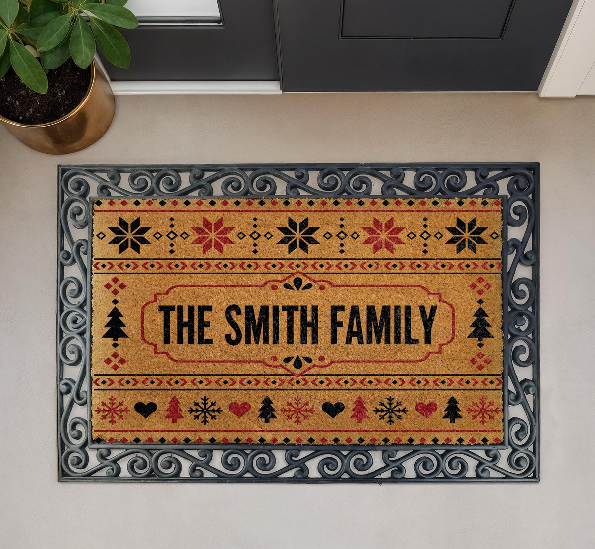 Personalized Fair Isle Christmas Doormat, Snowflake Welcome Mat, Nordic Winter Porch Rug