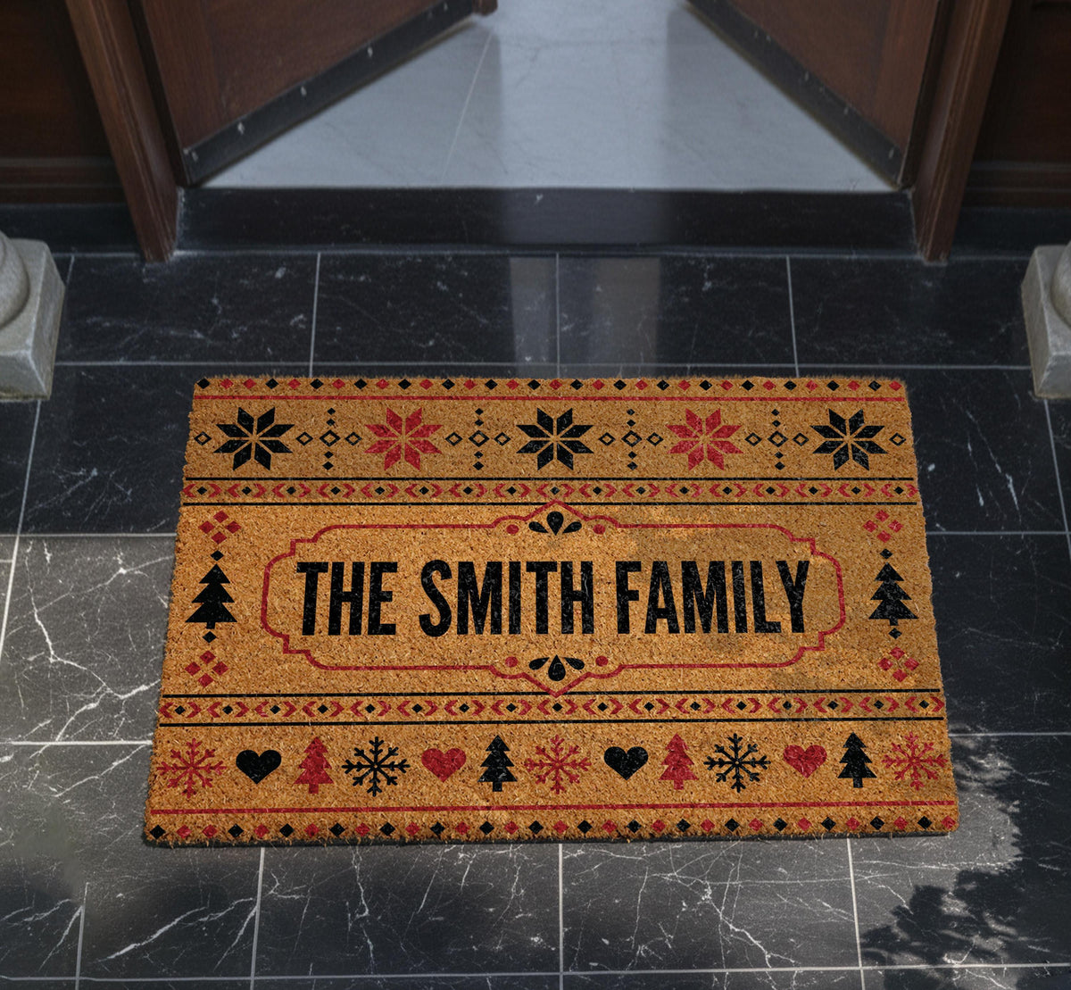 Personalized Fair Isle Christmas Doormat, Snowflake Welcome Mat, Nordic Winter Porch Rug