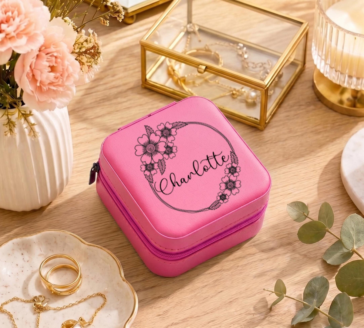 Personalized Travel Jewelry Case, Floral Frame Jewelry Box