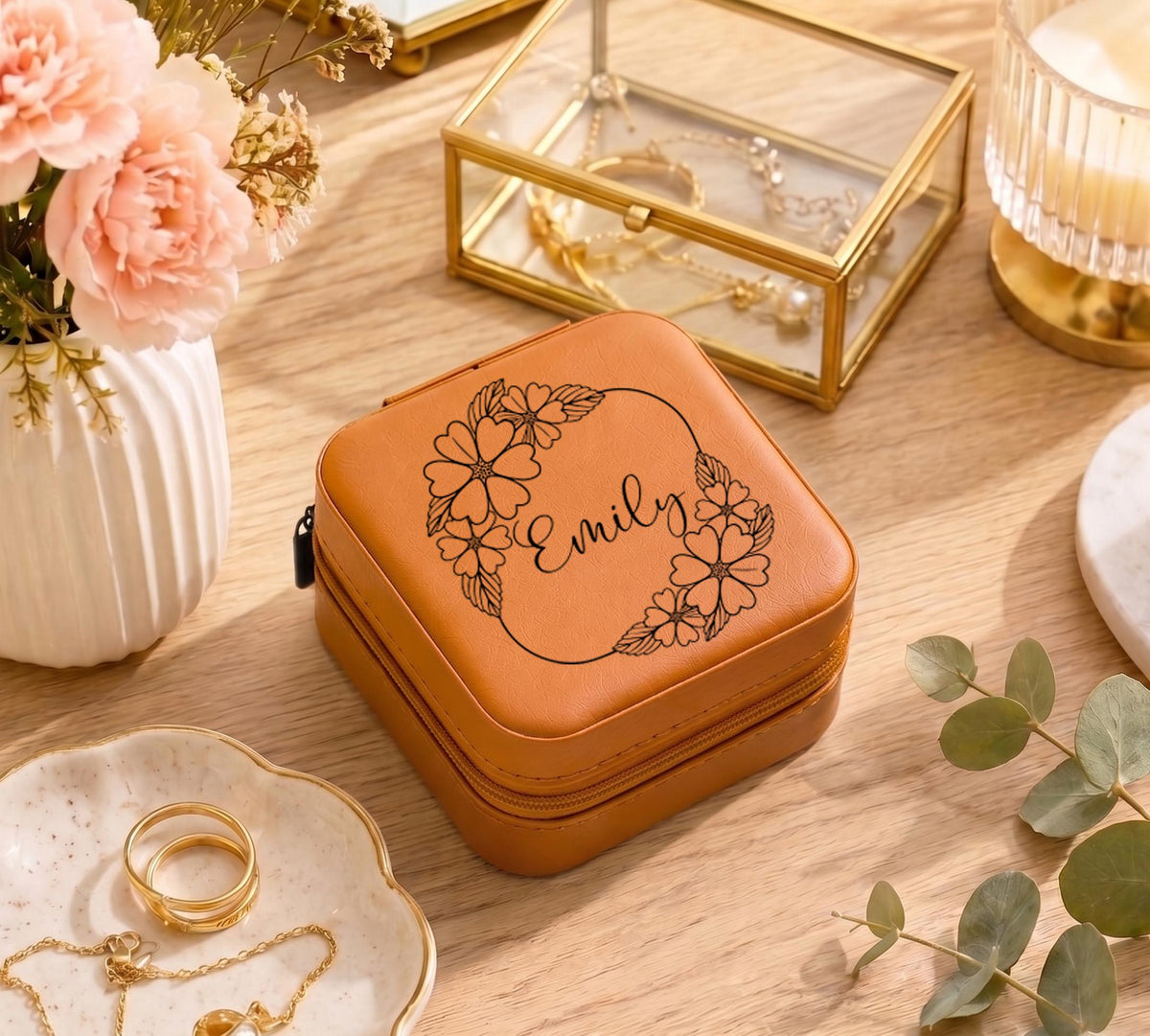 Personalized Travel Jewelry Case, Floral Frame Jewelry Box