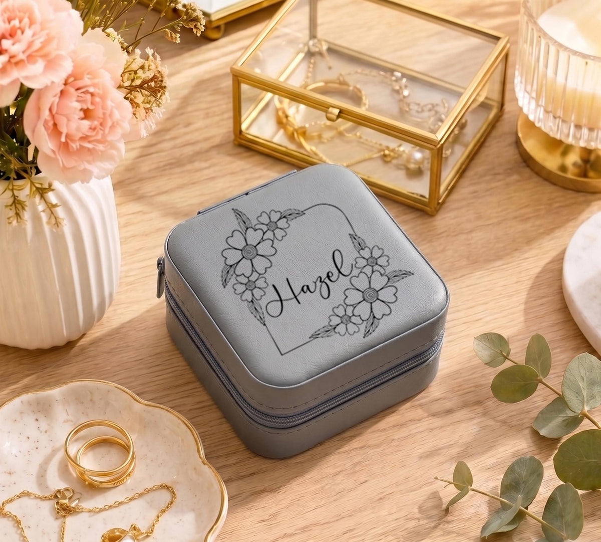 Personalized Travel Jewelry Case, Floral Frame Jewelry Box
