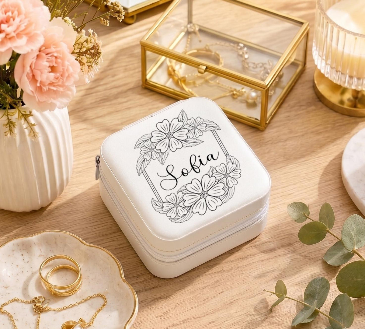 Personalized Travel Jewelry Case, Floral Frame Jewelry Box
