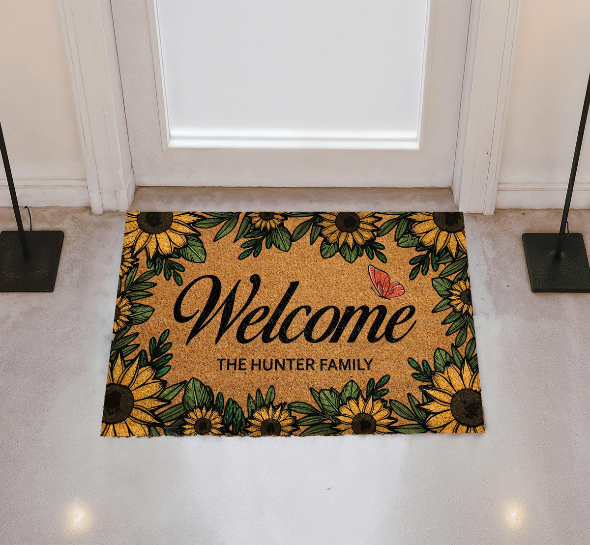 Personalized Sunflower Welcome Mat, Custom Family Name Butterfly Doormat