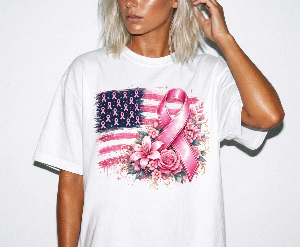 American Flag Breast Cancer Awareness Comfort Colors® Shirt, Pink Ribbon Tee, Cancer Fighter Tee