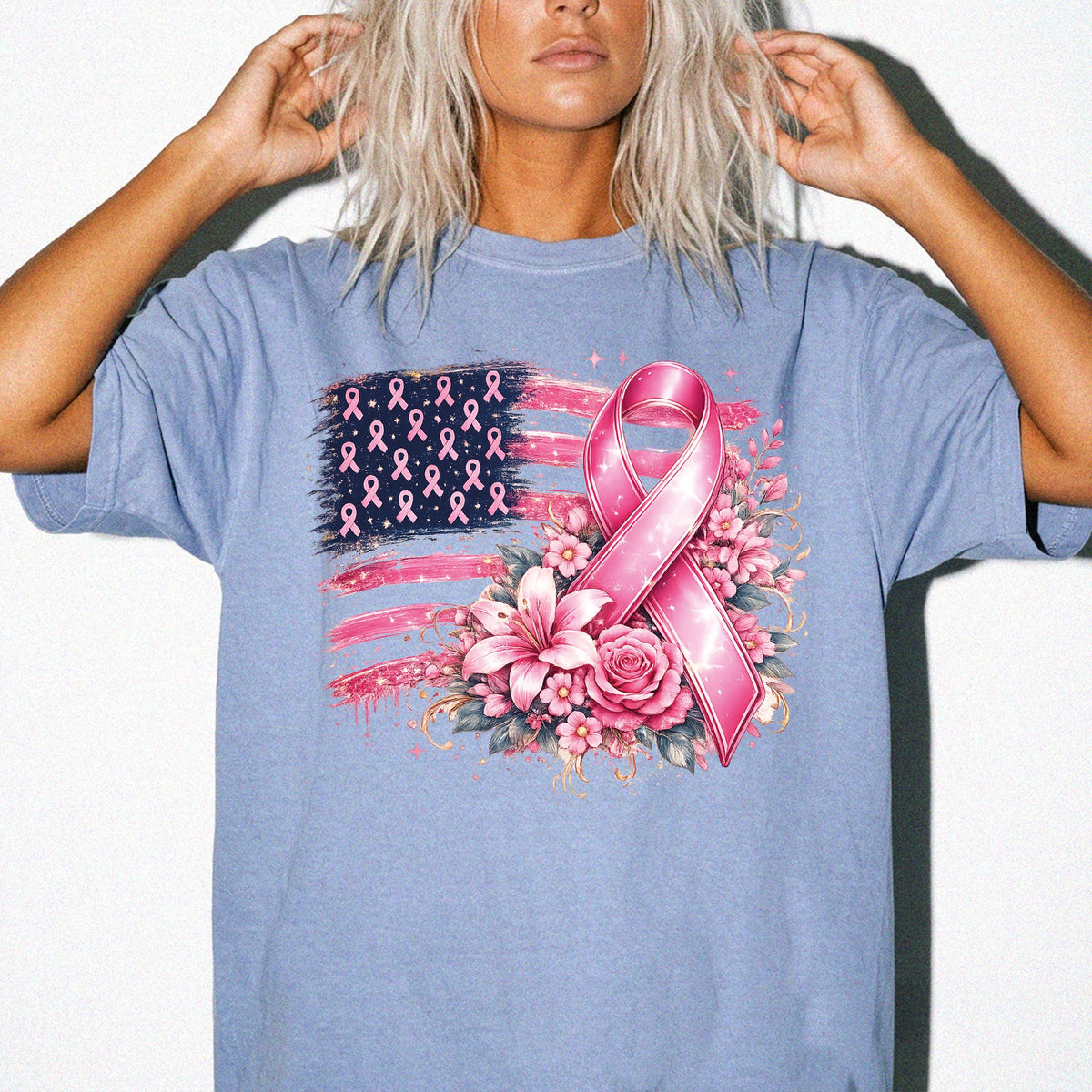 American Flag Breast Cancer Awareness Comfort Colors® Shirt, Pink Ribbon Tee, Cancer Fighter Tee
