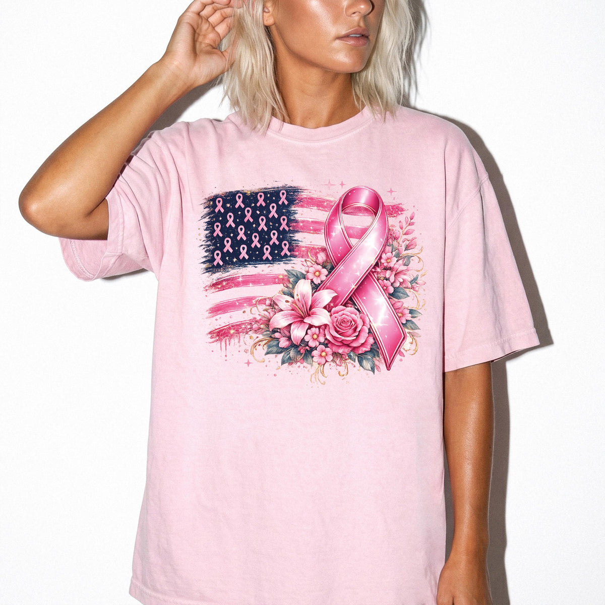 American Flag Breast Cancer Awareness Comfort Colors® Shirt, Pink Ribbon Tee, Cancer Fighter Tee