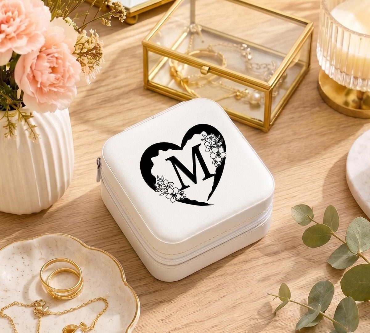 Personalized Initial Travel Jewelry Case with Heart and Floral Monogram