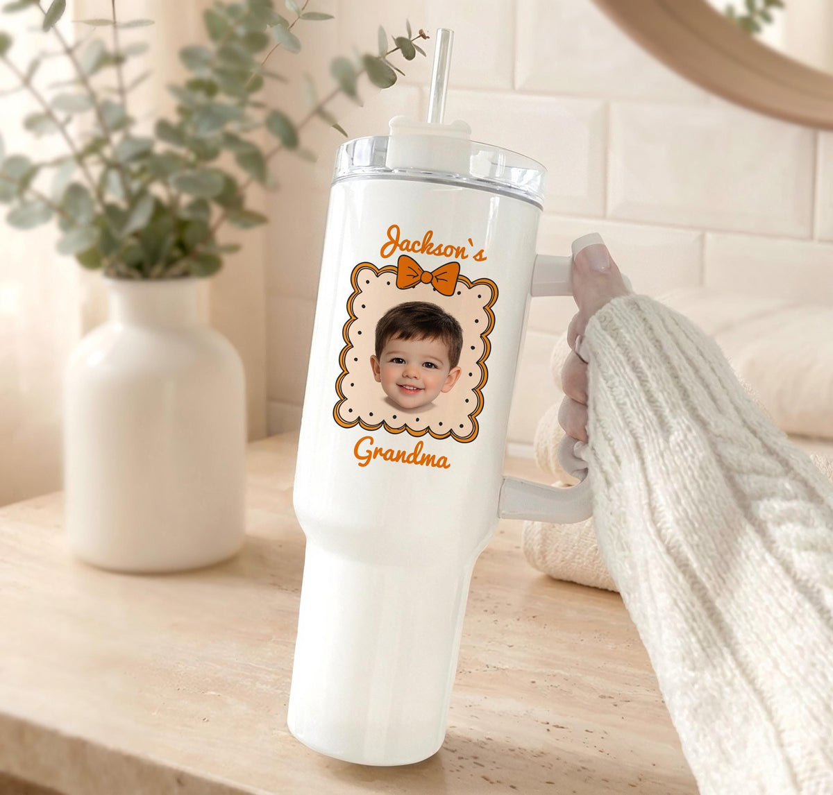 Personalized Photo Grandma Tumbler, 40oz Insulated Travel Cup with Handle