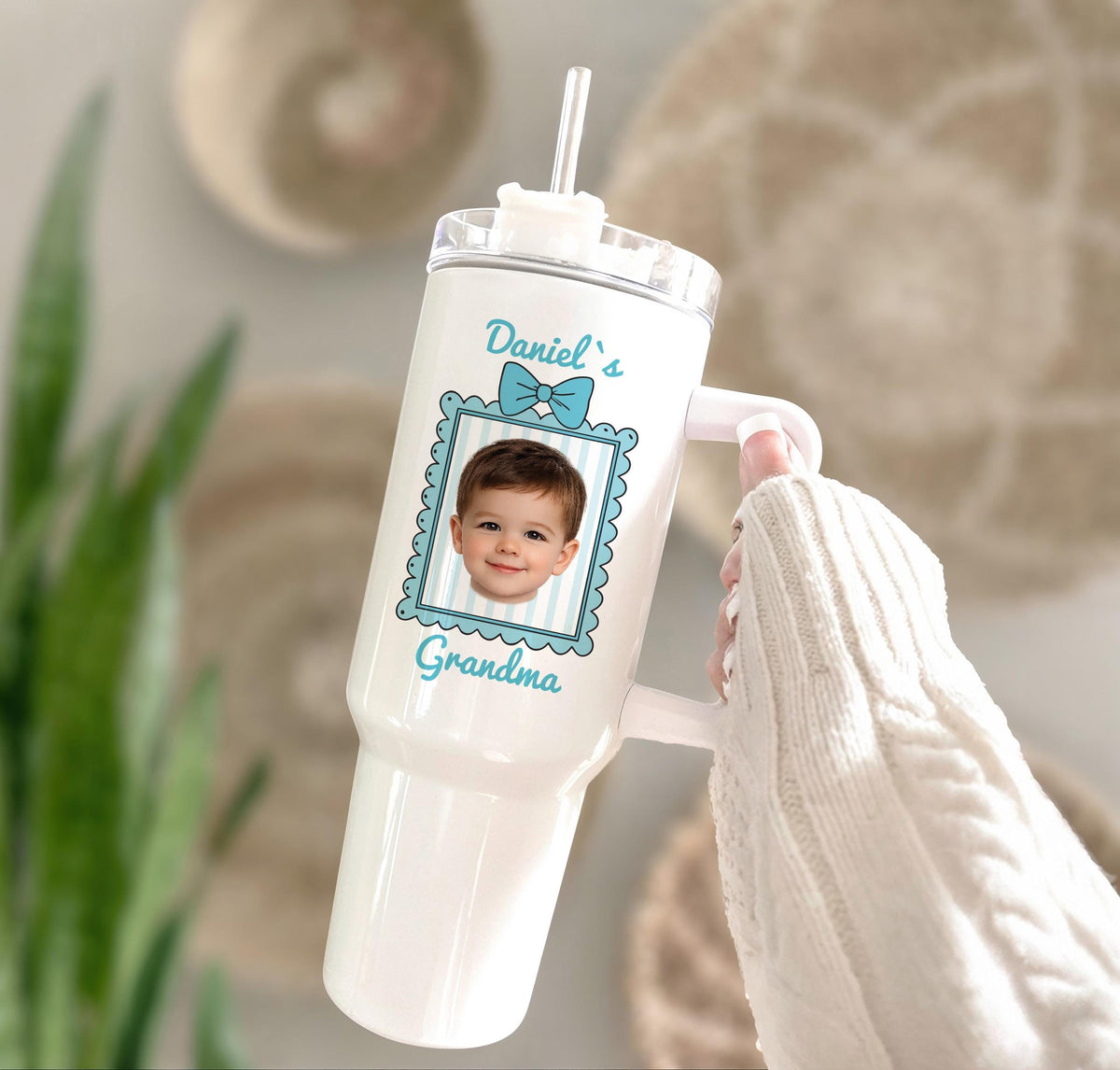 Personalized Photo Grandma Tumbler, 40oz Insulated Travel Cup with Handle