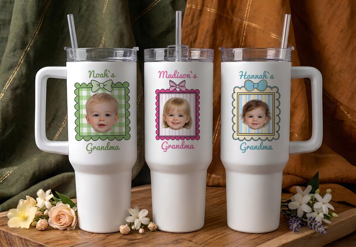 Personalized Photo Grandma Tumbler, 40oz Insulated Travel Cup with Handle