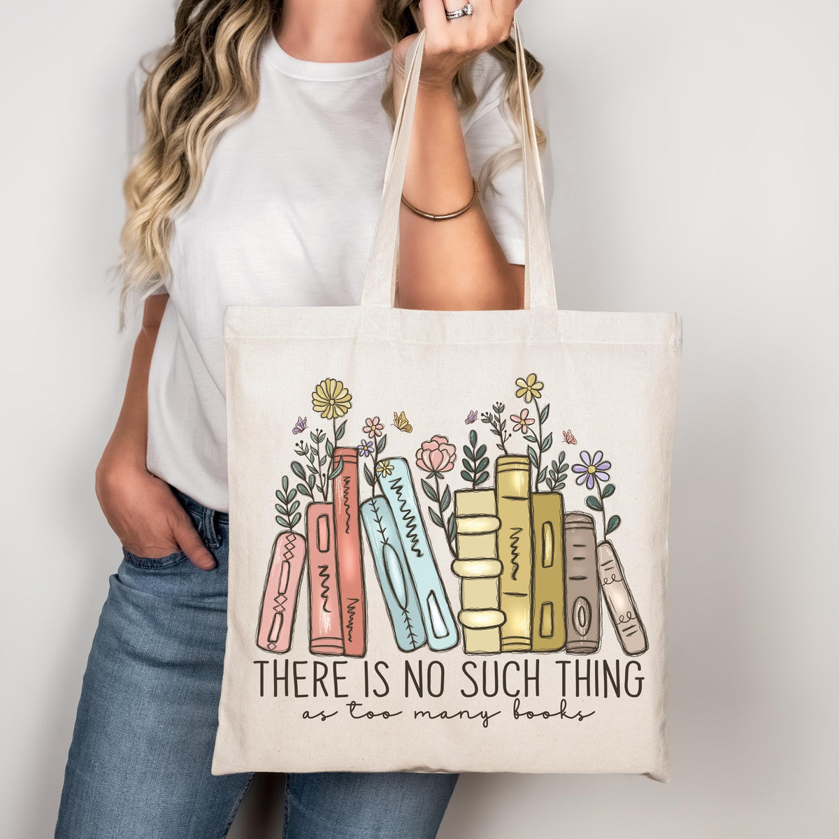 Cute Bookish Tote Bag, There Is No Such Thing As Too Many Books Tote Bag, Floral Librarian Canvas Bag, Book Carrying Bag, Book Lover Gift