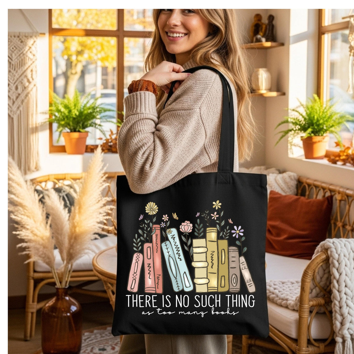 Cute Bookish Tote Bag, There Is No Such Thing As Too Many Books Tote Bag, Floral Librarian Canvas Bag, Book Carrying Bag, Book Lover Gift