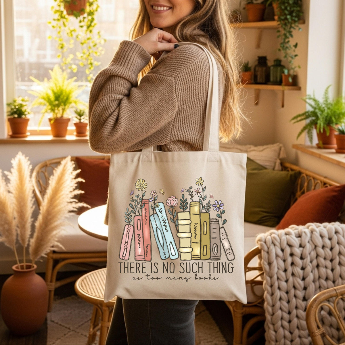 Cute Bookish Tote Bag, There Is No Such Thing As Too Many Books Tote Bag, Floral Librarian Canvas Bag, Book Carrying Bag, Book Lover Gift