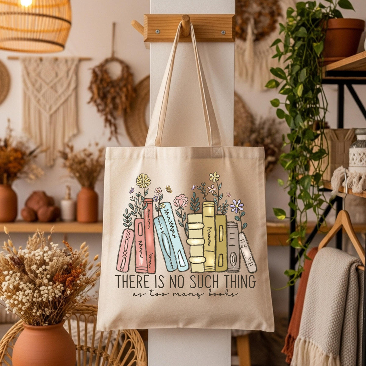 Cute Bookish Tote Bag, There Is No Such Thing As Too Many Books Tote Bag, Floral Librarian Canvas Bag, Book Carrying Bag, Book Lover Gift