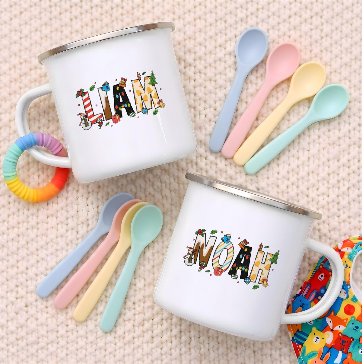 Personalized Kids Christmas Enamel Mug, Custom Name Camp Cup, Winter Drinkware