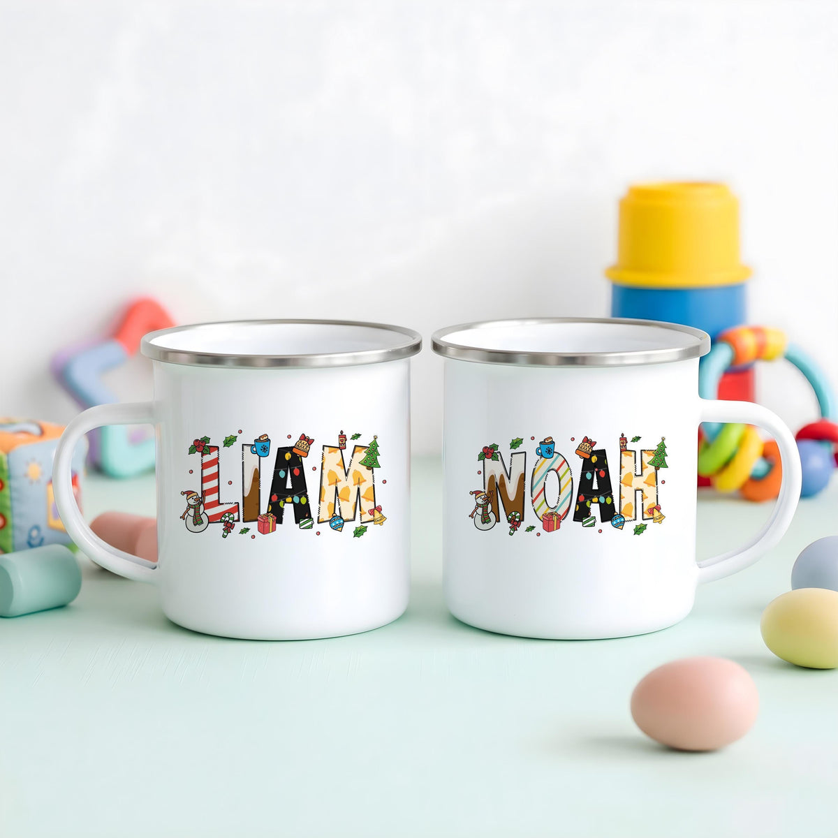 Personalized Kids Christmas Enamel Mug, Custom Name Camp Cup, Winter Drinkware
