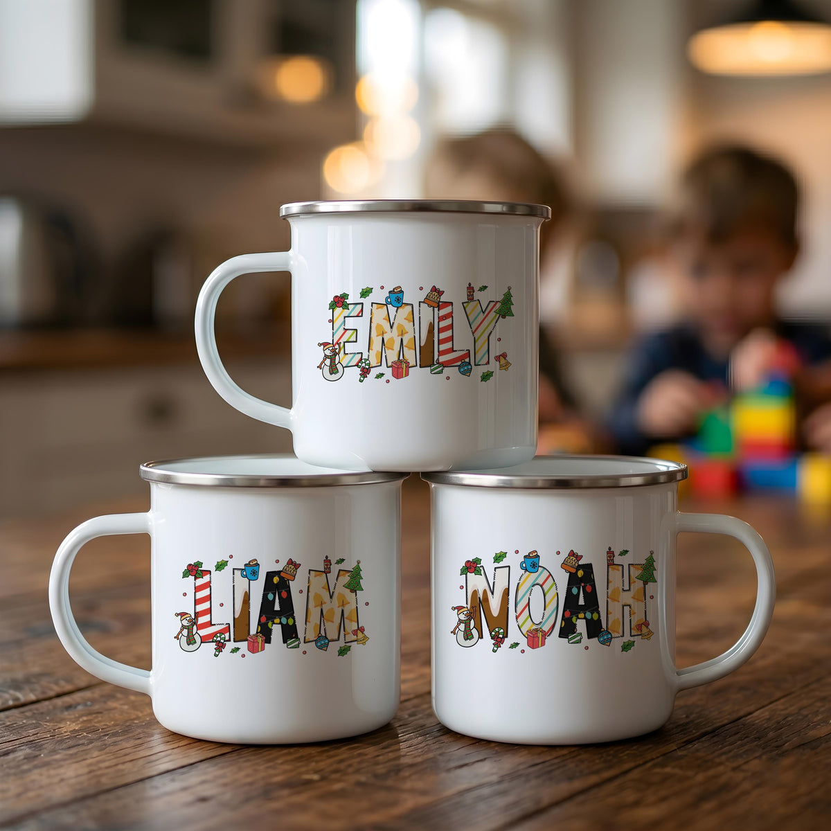 Personalized Kids Christmas Enamel Mug, Custom Name Camp Cup, Winter Drinkware