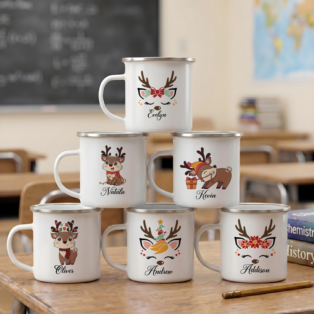 Personalized Reindeer Christmas Mug, Custom Name Enamel Cup, Kids Holiday Camping Favor