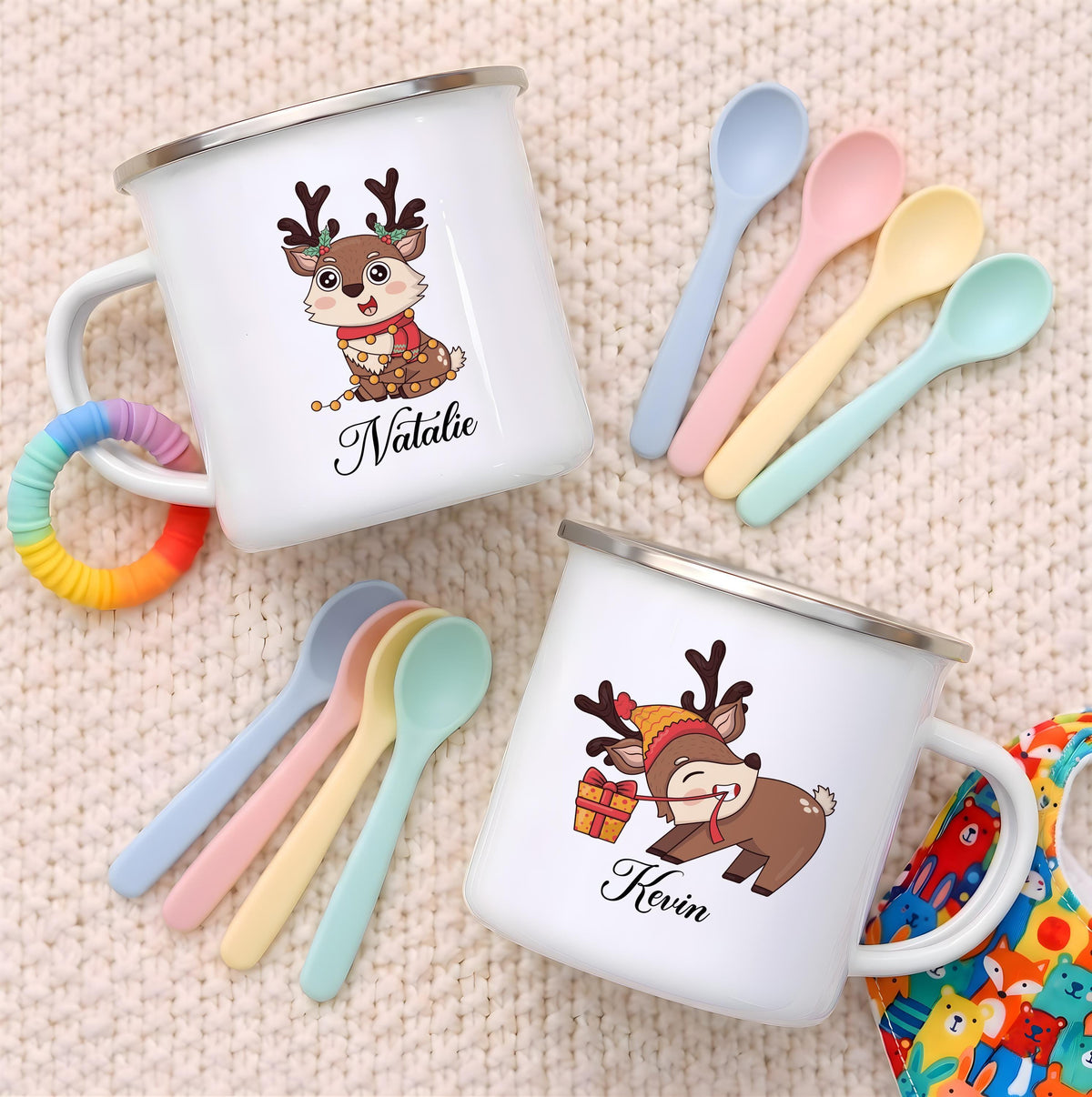 Personalized Reindeer Christmas Mug, Custom Name Enamel Cup, Kids Holiday Camping Favor