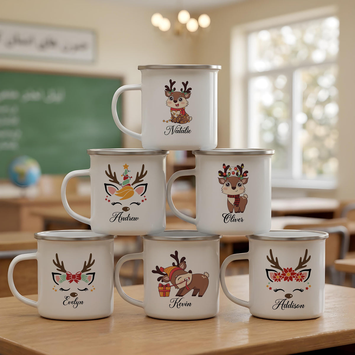 Personalized Reindeer Christmas Mug, Custom Name Enamel Cup, Kids Holiday Camping Favor