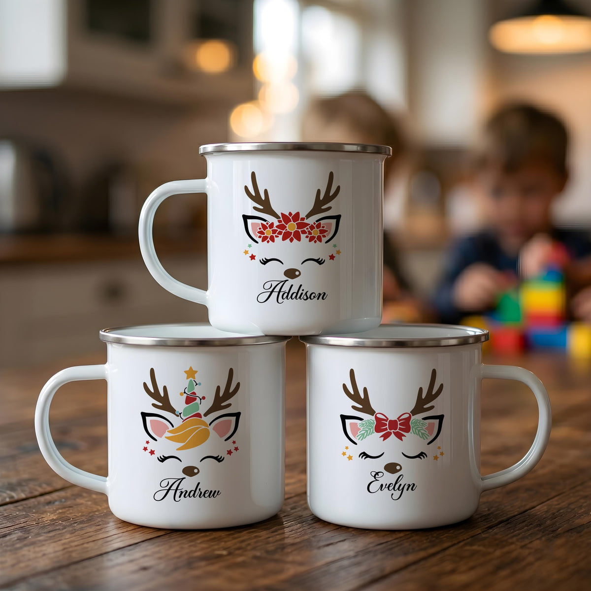 Personalized Reindeer Christmas Mug, Custom Name Enamel Cup, Kids Holiday Camping Favor