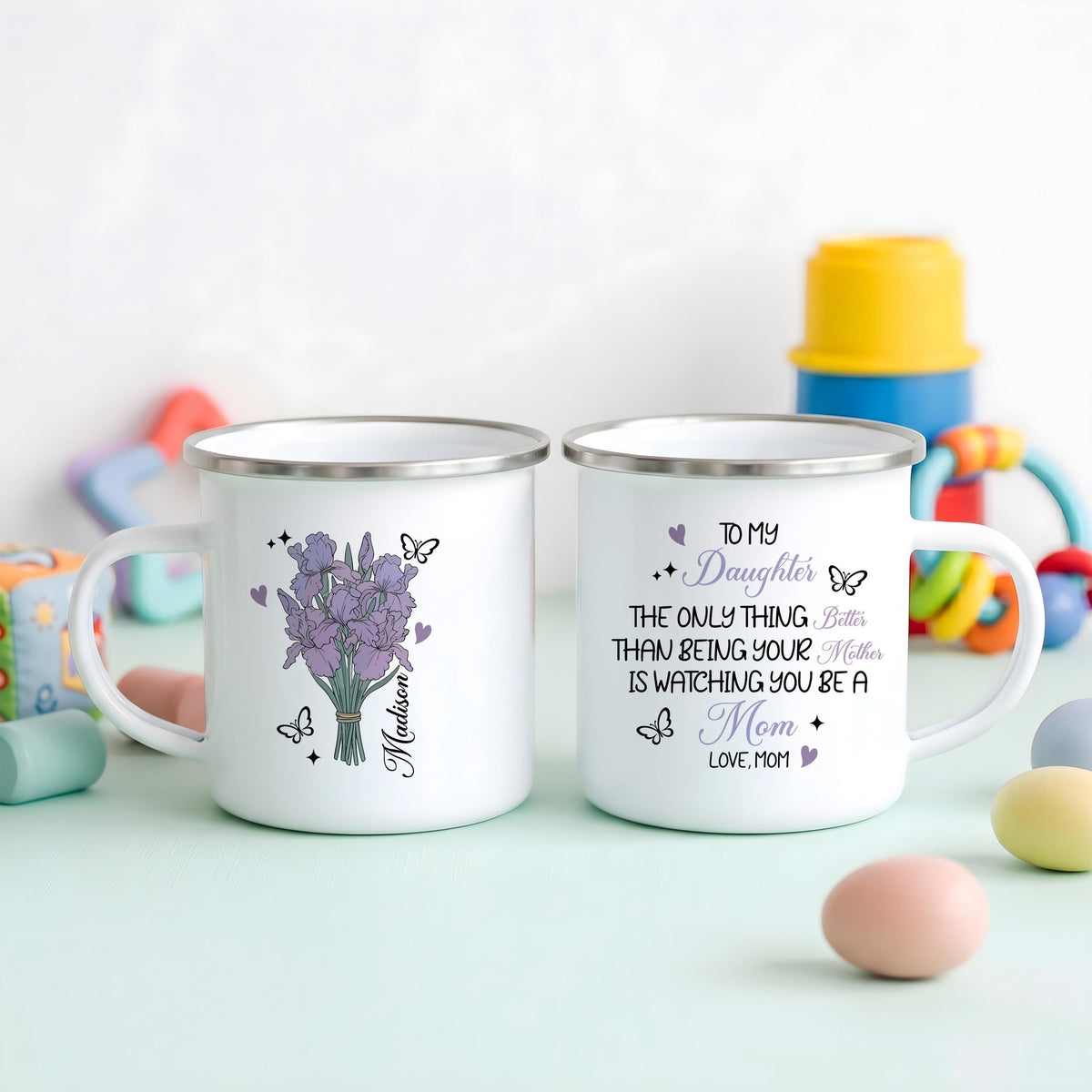 Personalized Birth Flower Enamel Mug, Sentimental To My Daughter Quote Steel Cup