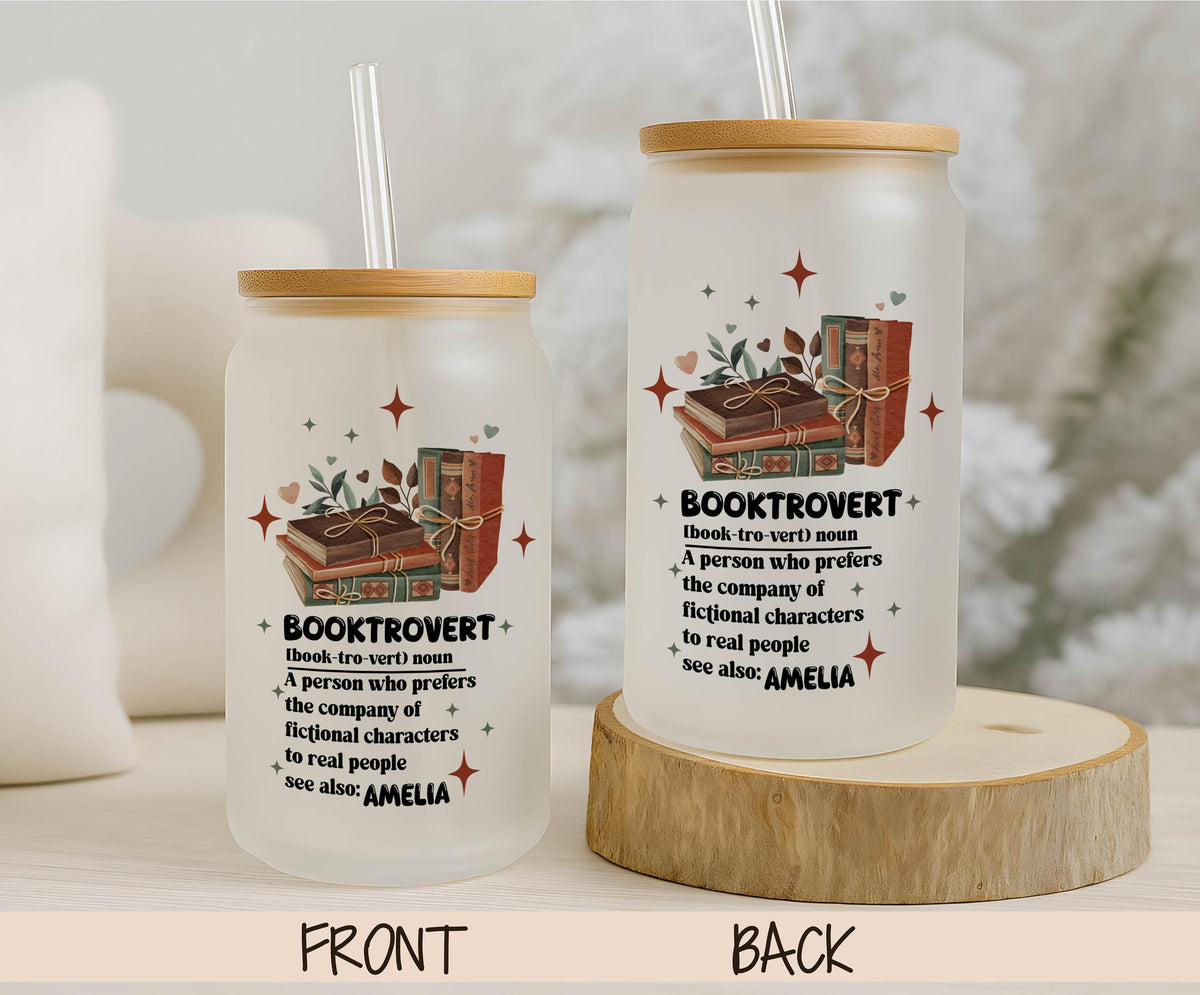 Custom Name Booktrovert Glass Tumbler, Frosted Iced Coffee Cup, Reading Gift