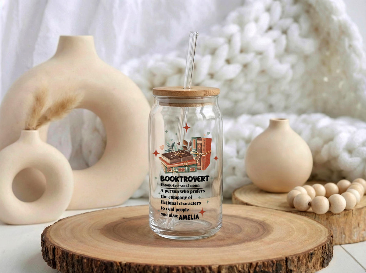 Custom Name Booktrovert Glass Tumbler, Frosted Iced Coffee Cup, Reading Gift