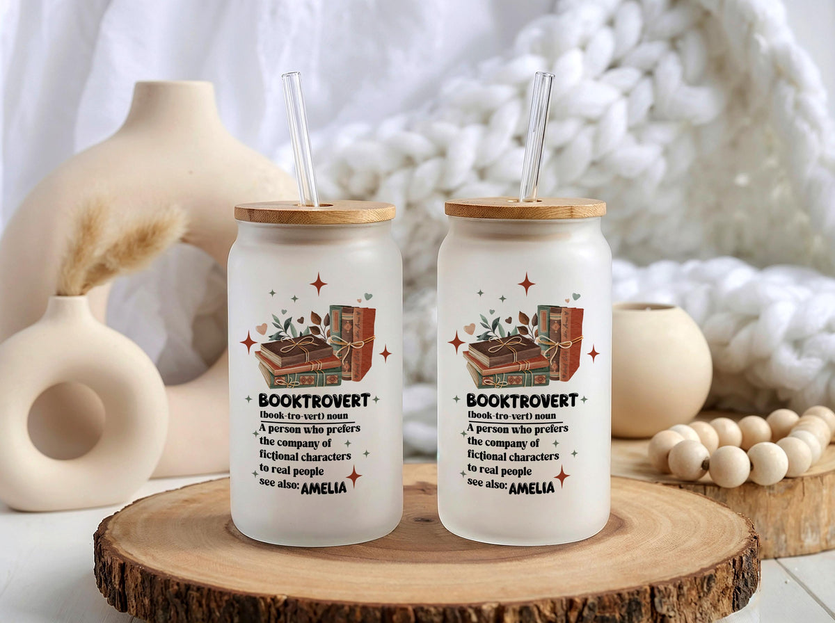 Custom Name Booktrovert Glass Tumbler, Frosted Iced Coffee Cup, Reading Gift