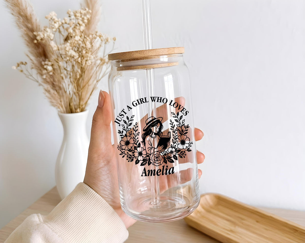 Personalized Book Lover Glass Can Cup, Floral Iced Coffee Tumbler (16 oz)