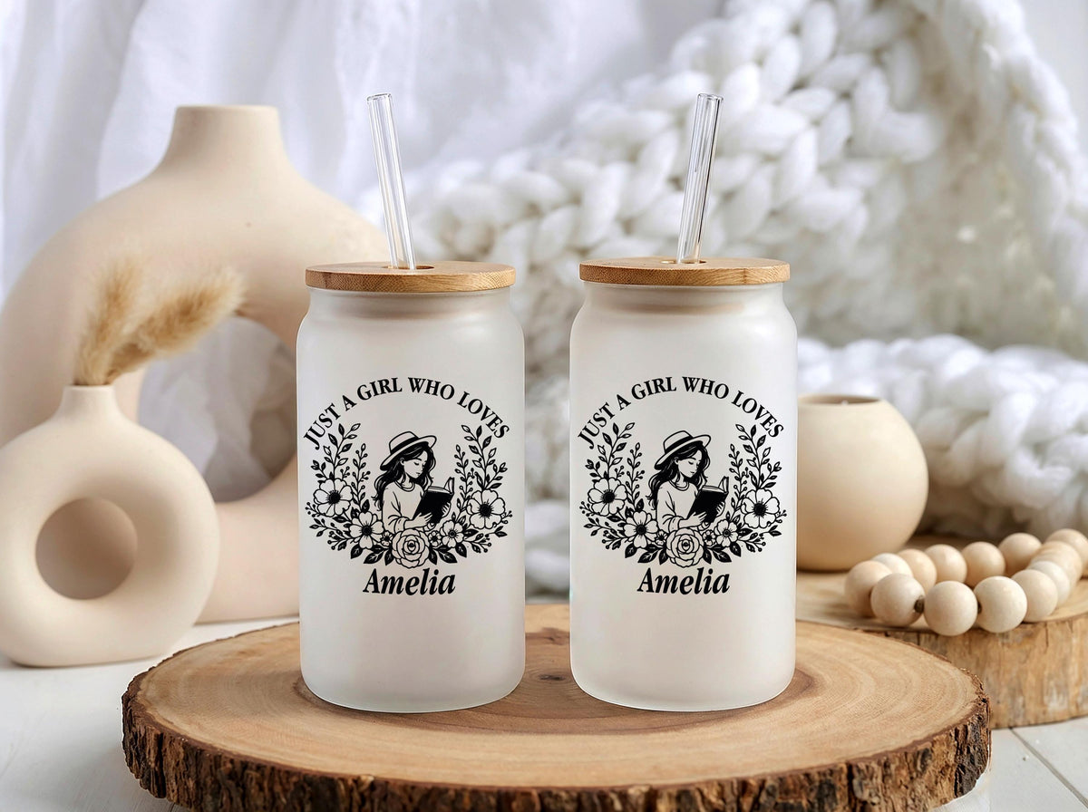 Personalized Book Lover Glass Can Cup, Floral Iced Coffee Tumbler (16 oz)
