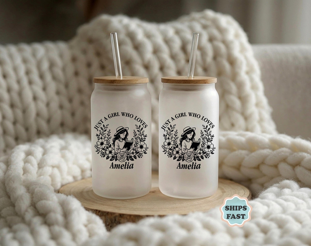 Personalized Book Lover Glass Can Cup, Floral Iced Coffee Tumbler (16 oz)