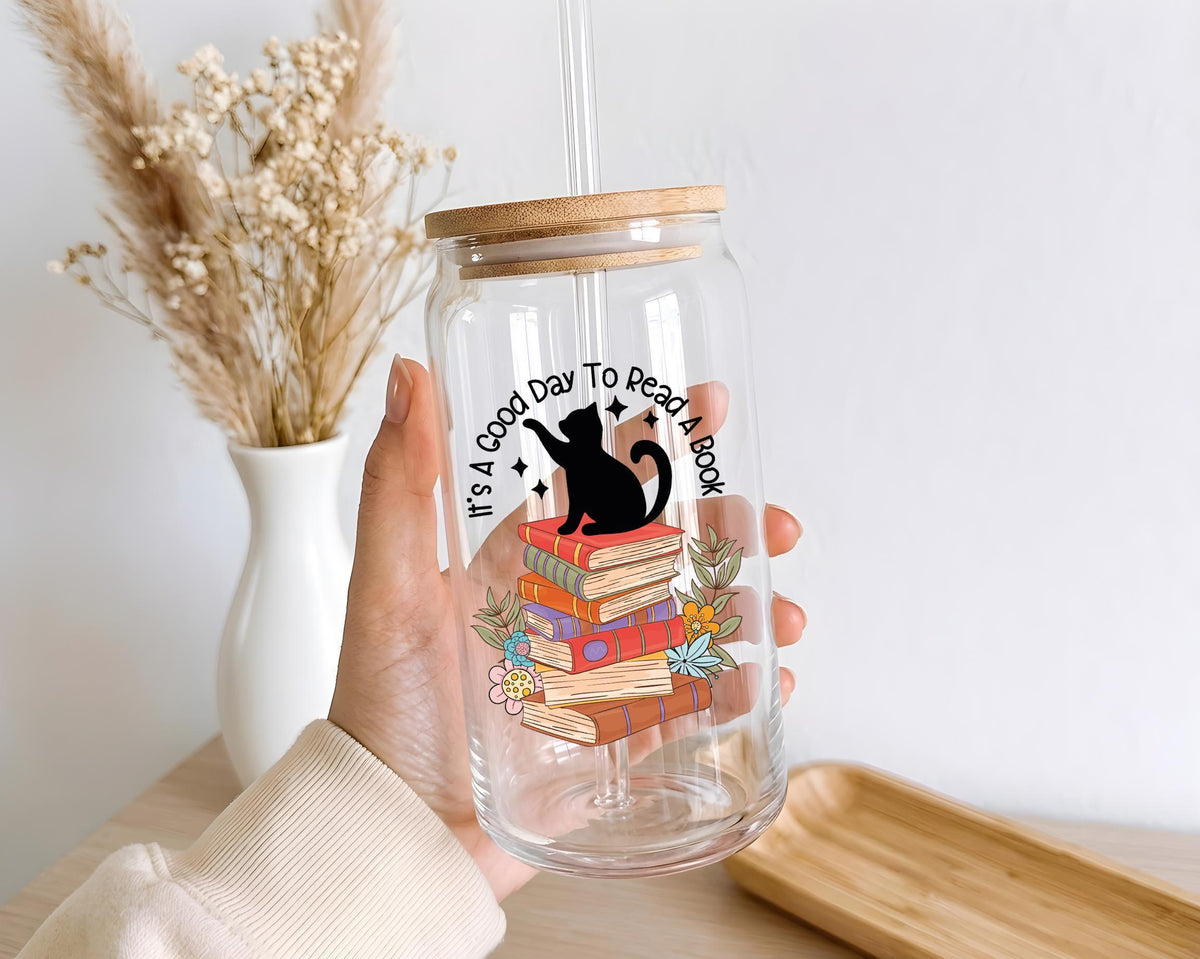 Cat Reading Books Glass Tumbler, Iced Coffee Cup, Book Lover Gift