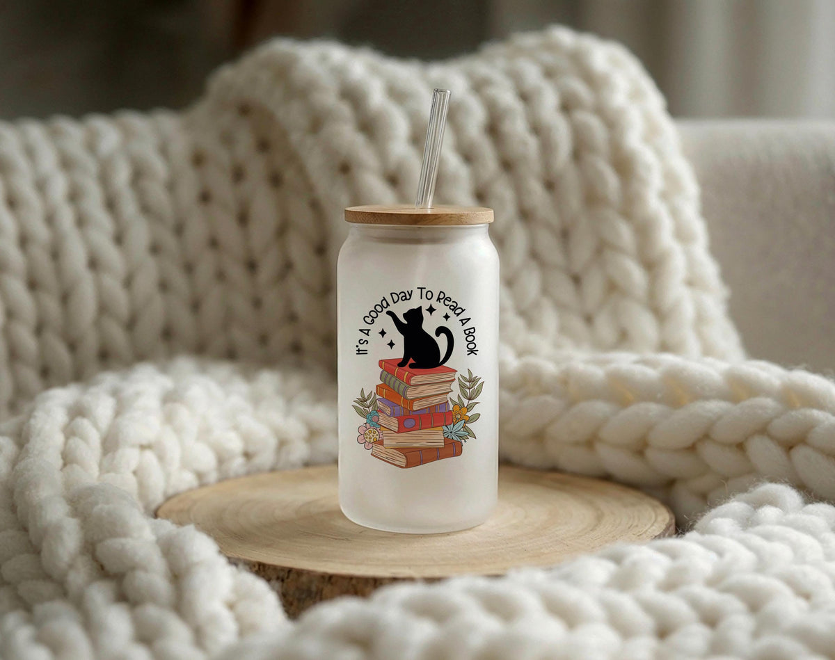 Cat Reading Books Glass Tumbler, Iced Coffee Cup, Book Lover Gift