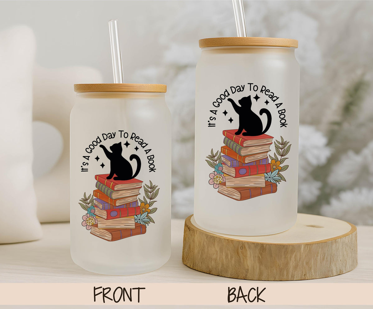 Cat Reading Books Glass Tumbler, Iced Coffee Cup, Book Lover Gift