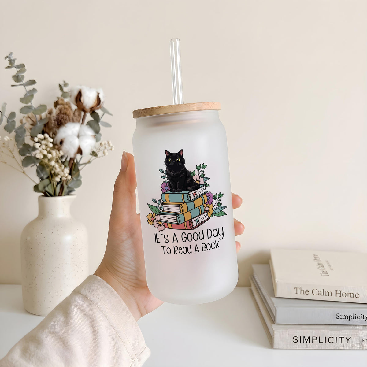 Black Cat Book Stack Iced Coffee Tumbler, Cozy Reading Gift (16 oz Glass)