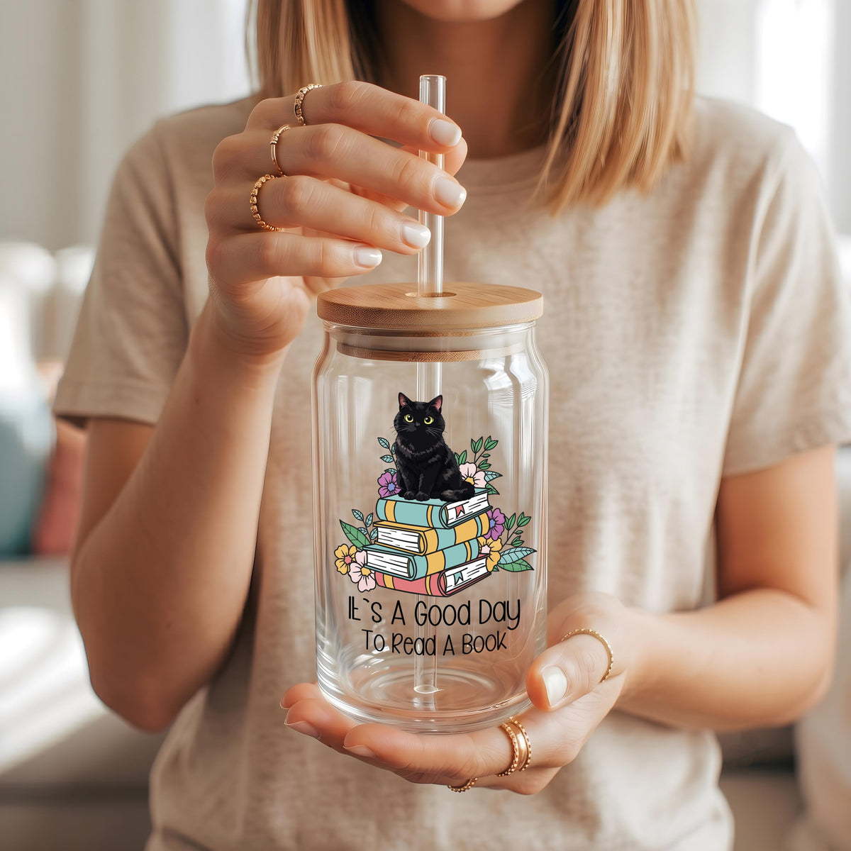 Black Cat Book Stack Iced Coffee Tumbler, Cozy Reading Gift (16 oz Glass)