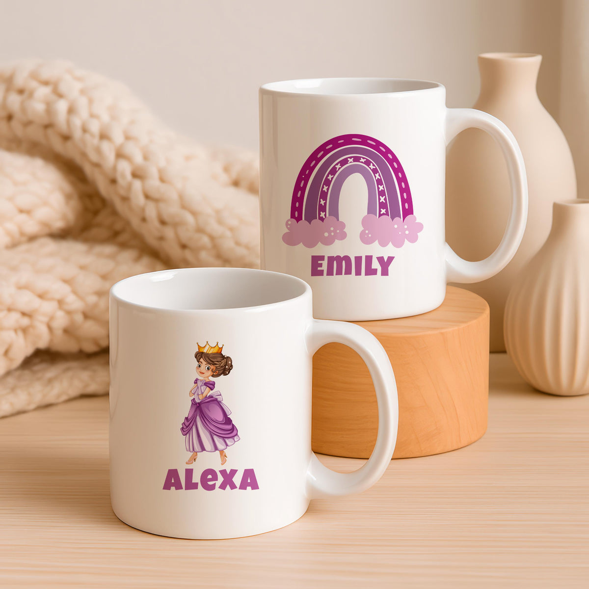 Personalized Kids Name Ceramic Mug, Princess Rainbow Design, Birthday Gift