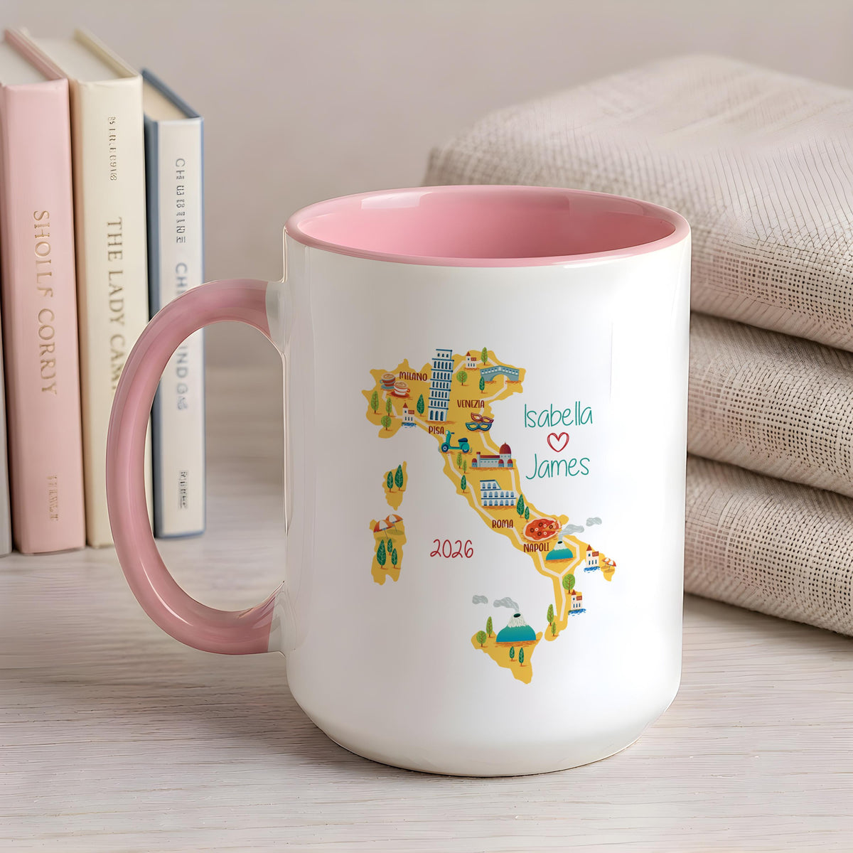 Personalized Italy Map Mug, Custom Couple Travel Cup, Honeymoon Anniversary Gift