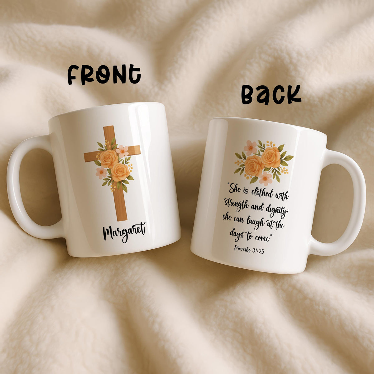 Christian Floral Cross Mug, Proverbs 31:25 Scripture Coffee Cup
