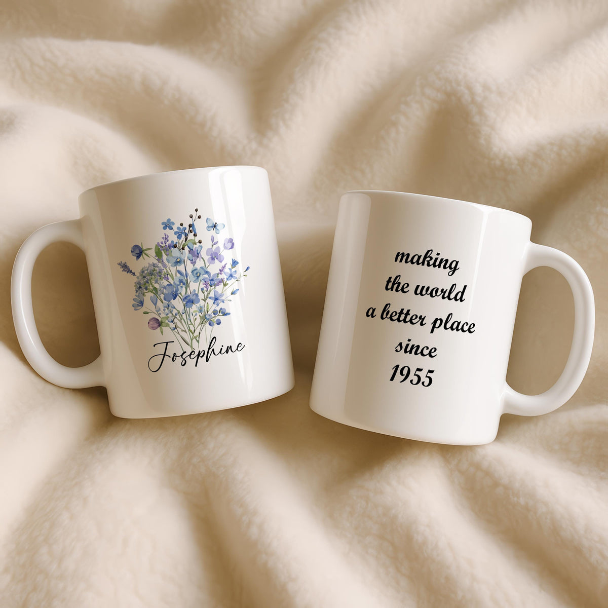 Personalized Floral Ceramic Mug, Custom Birth Year Coffee Cup, Making The World A Better Place Since