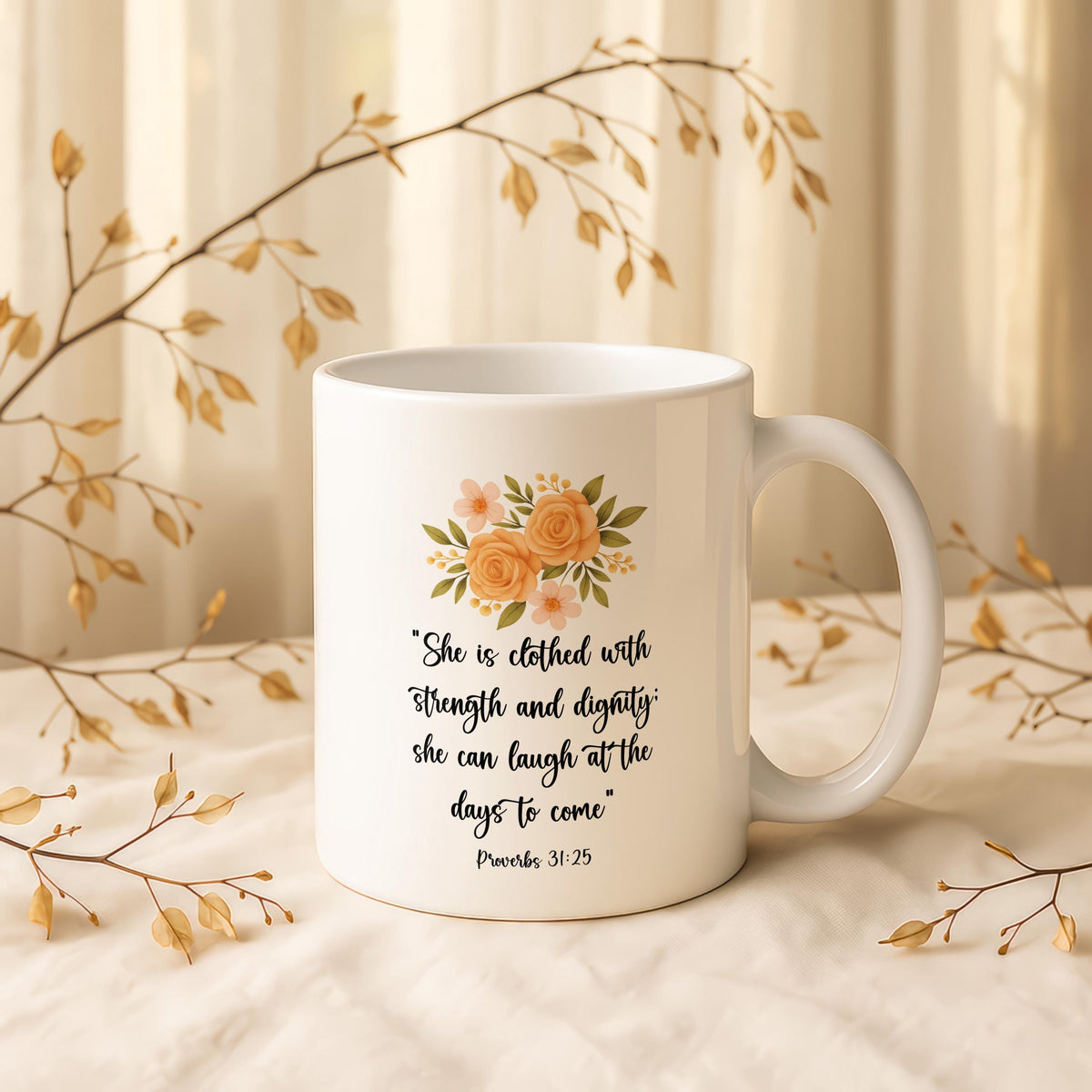Christian Floral Cross Mug, Proverbs 31:25 Scripture Coffee Cup