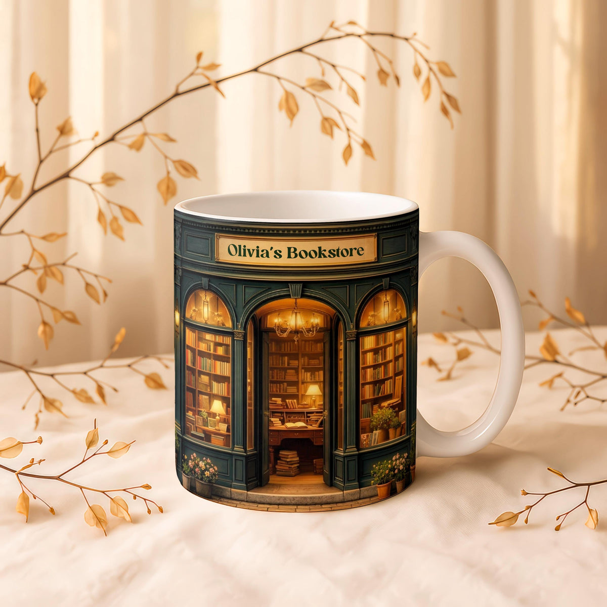 Personalized Bookstore Ceramic Mug, Custom Name Coffee Cup, Book Lover Gift