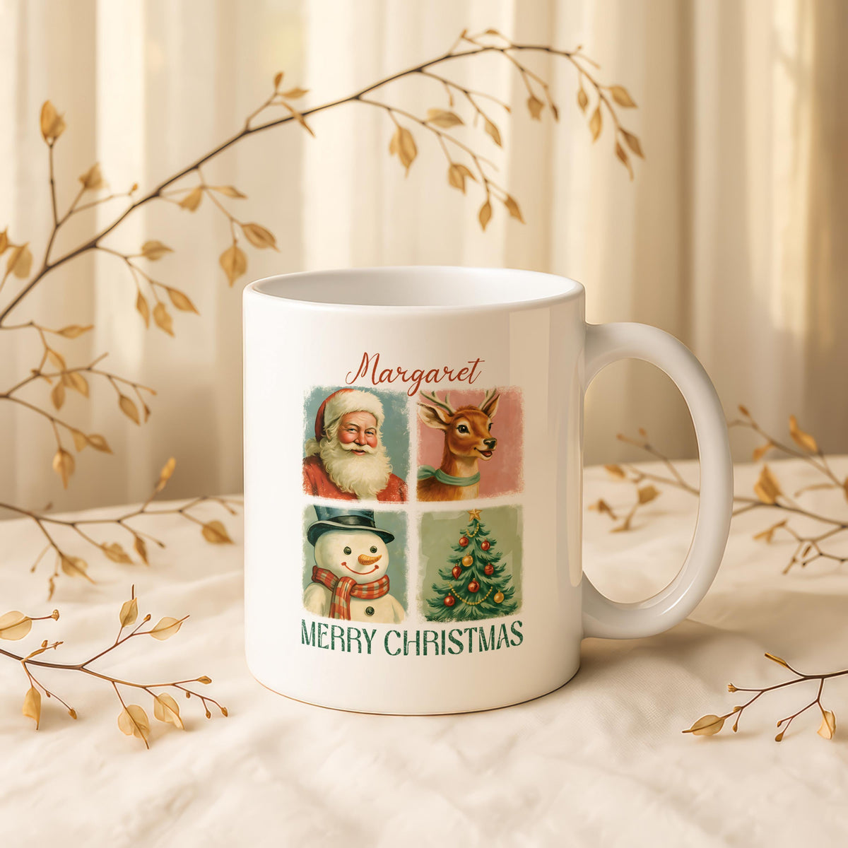 Personalized Christmas Ceramic Mug, Custom Name Coffee Cup, Festive Characters Tea Mug